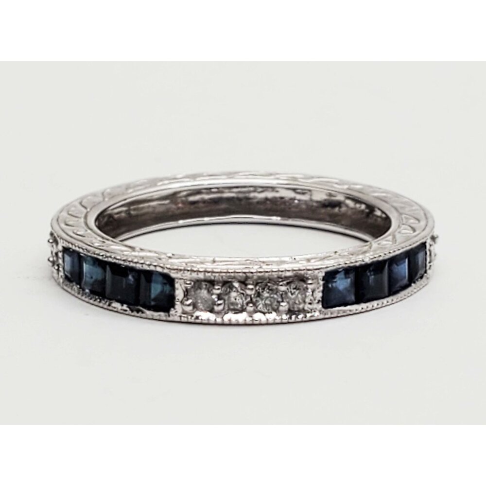 Natural Sapphire & Diamond Carved 3mm Band Ring 14k White Gold Size 7